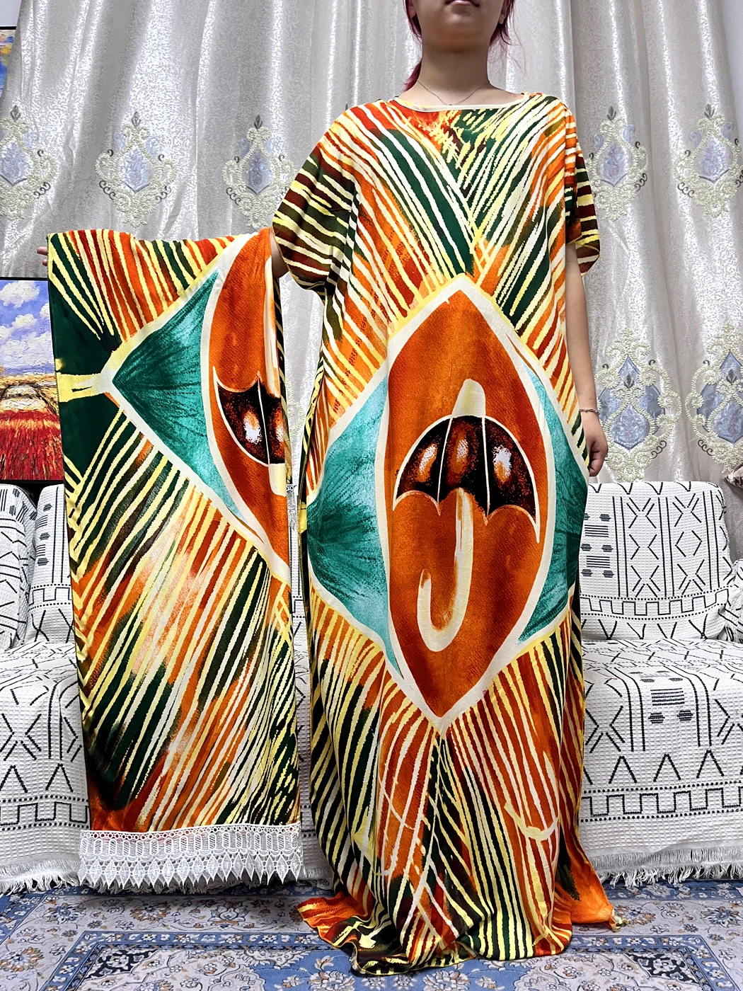 Muslim Cotton Abayas For Women 2023 Dubai Printed Umbrella Pattern Loose Femme Robe African Islam Dresses With Lace Shawl Scarf