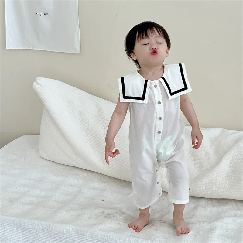 2024 여름  민소매 롬퍼, 얇은  소년 소녀 세일러 칼라 점프수트,   솔리드 캐주얼 오버롤, 0-24m, 신제품