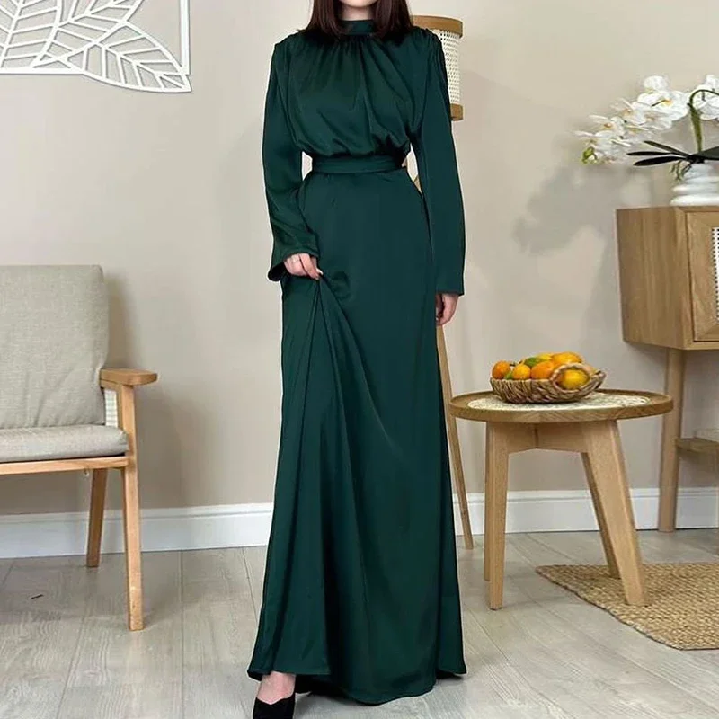 Women Fashion High Waist Party Dress Elegant Solid Color Versatile Long Sleeve Dress Chic Satin Temperament Maxi Dress Vestidos