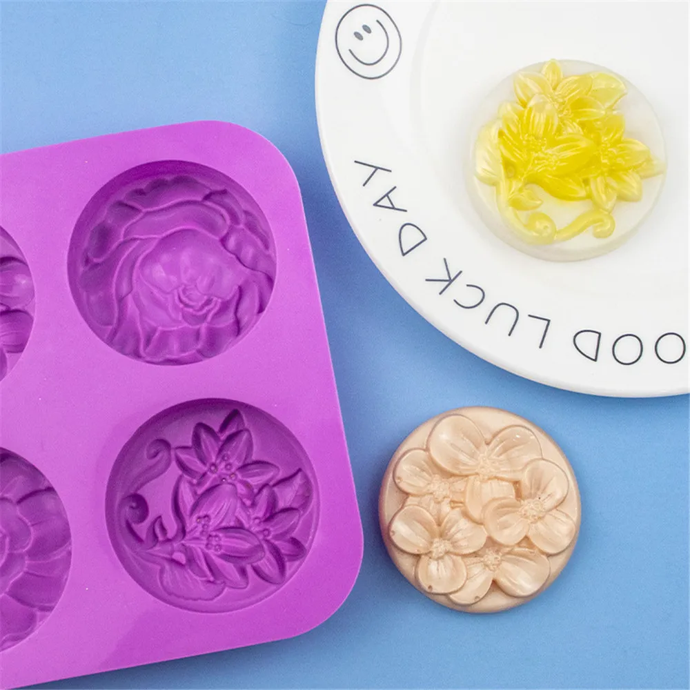 

4 Cavity Round Flower Silicone Soap Mold Handmake DIY Fondant Chocolate Soap Mould For Cake Moon Cake Crafts Making Tool