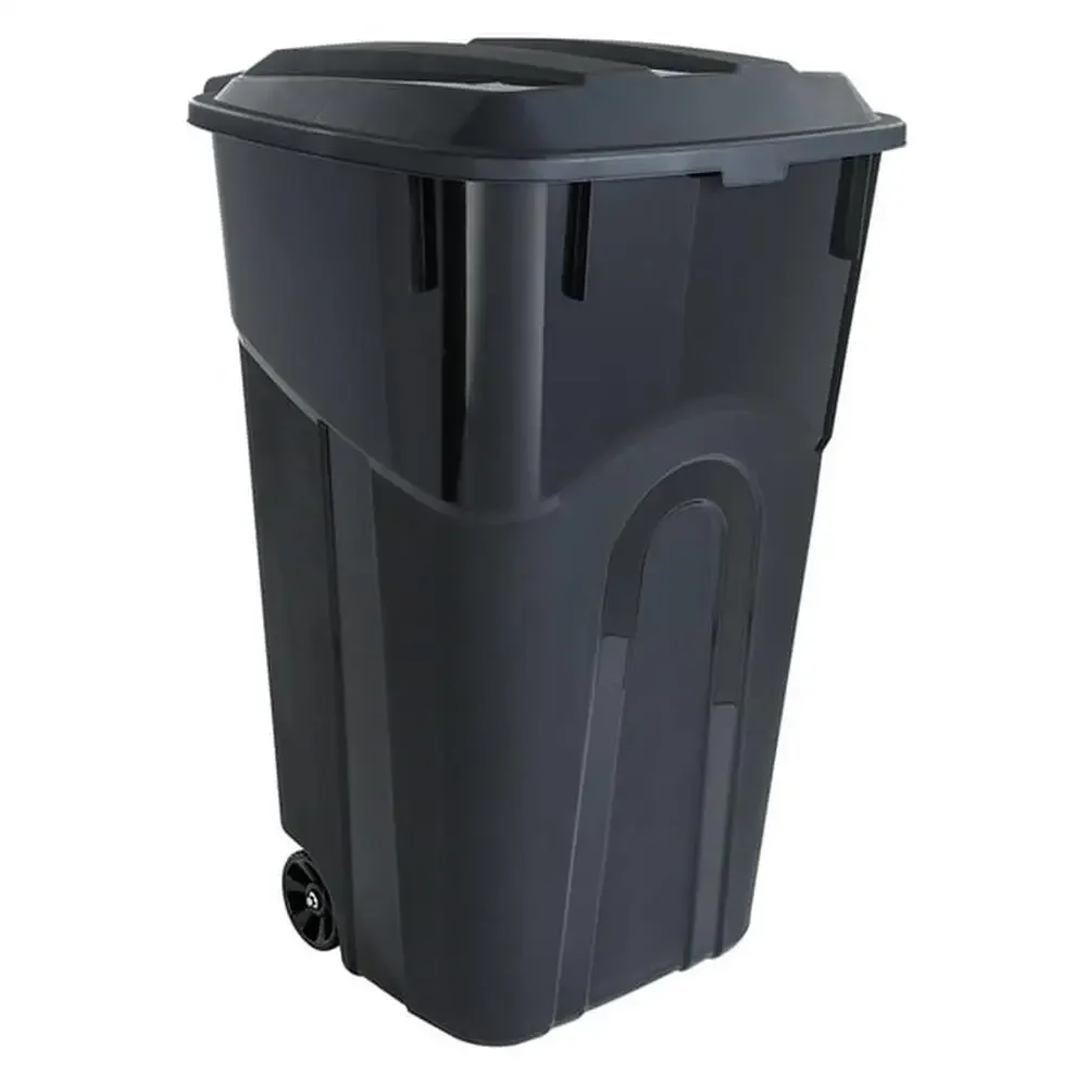 32 Gallon Heavy Duty Wheeled Plastic Garbage Can Attached Lid Black Transport Waste Indoor Outdoor Household Commercial Smooth 5