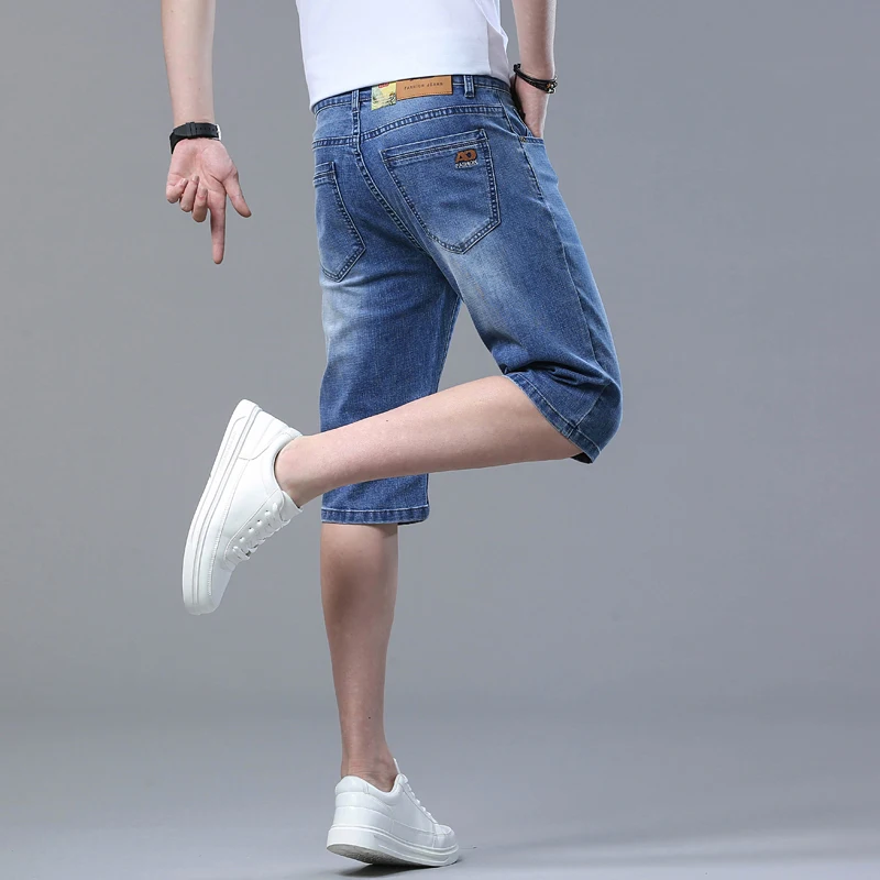 남성용 얇은 슬림핏 스트레치 짧은 청바지, 클래식 스타일 비즈니스 캐주얼 연청, 부드러운 코튼 스트레이트 레그 데님 반바지, 여름