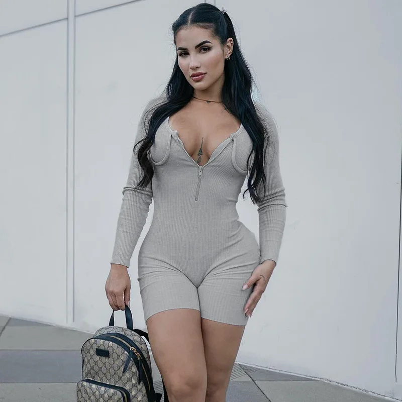 Casual Ribbed Knitted Playsuit for Women Long Sleeve Jumpsuit U-Neck Zipper Romper Gym Fitness Slim Bodycon Autumn 2021