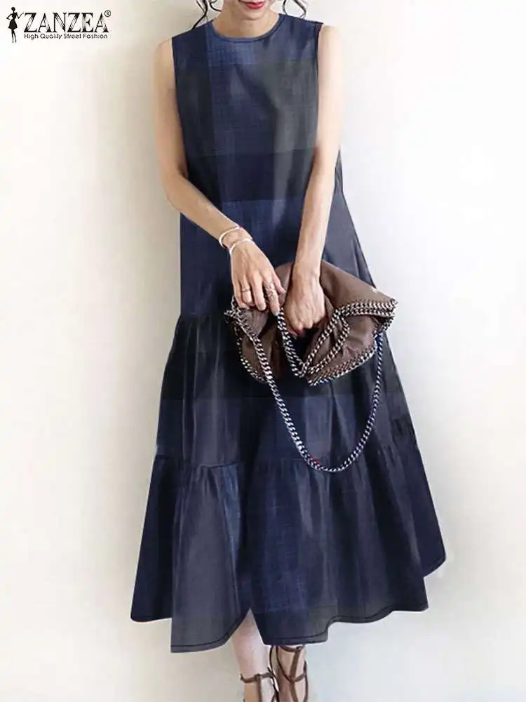 Frauen Sommerkleid 2024 Zanzea Vintage o Hals ärmellose Vestidos Mode Freizeit arbeit Midi Kleider Frau Plaid kariert Sommerkleid