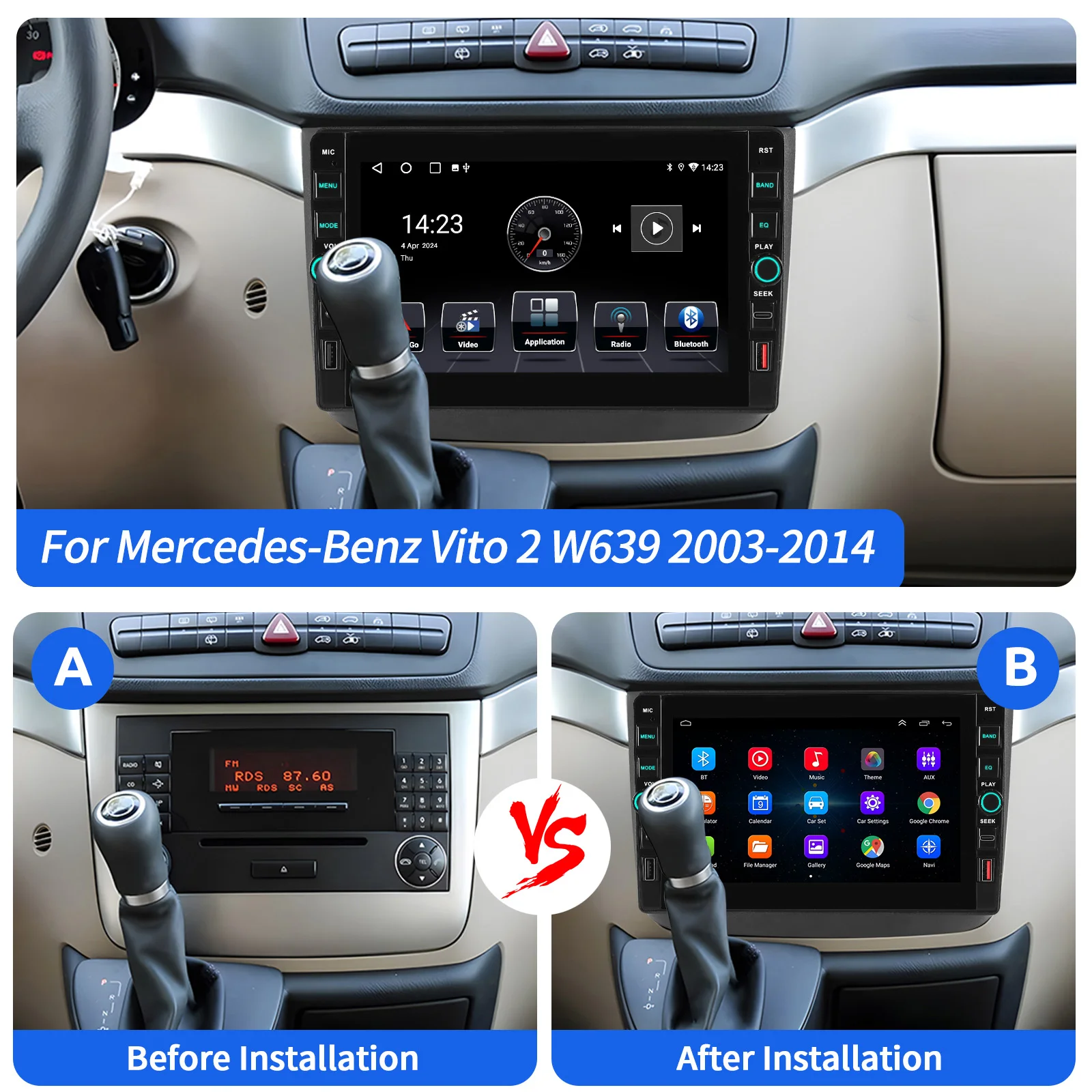 Autoradio ESSGOO Android 15 9 Zoll QLED Touchscreen 4+64G für Mercedes-Benz Viano/Vito 2 W639 2004-2014 Drahtloses CarPlay Android Auto GPS Navigation FM Bluetooth RDS Lenkradsteuerung Mirror Link – Detail 7