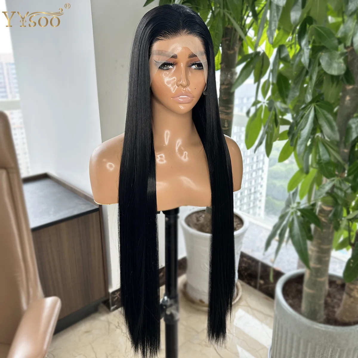 YYsoo Long 30Inch 1# Black Silky Straight Futura Synthetic 13x4 Glueless Lace Front Wigs For Black Women Pre Plucked Hairline