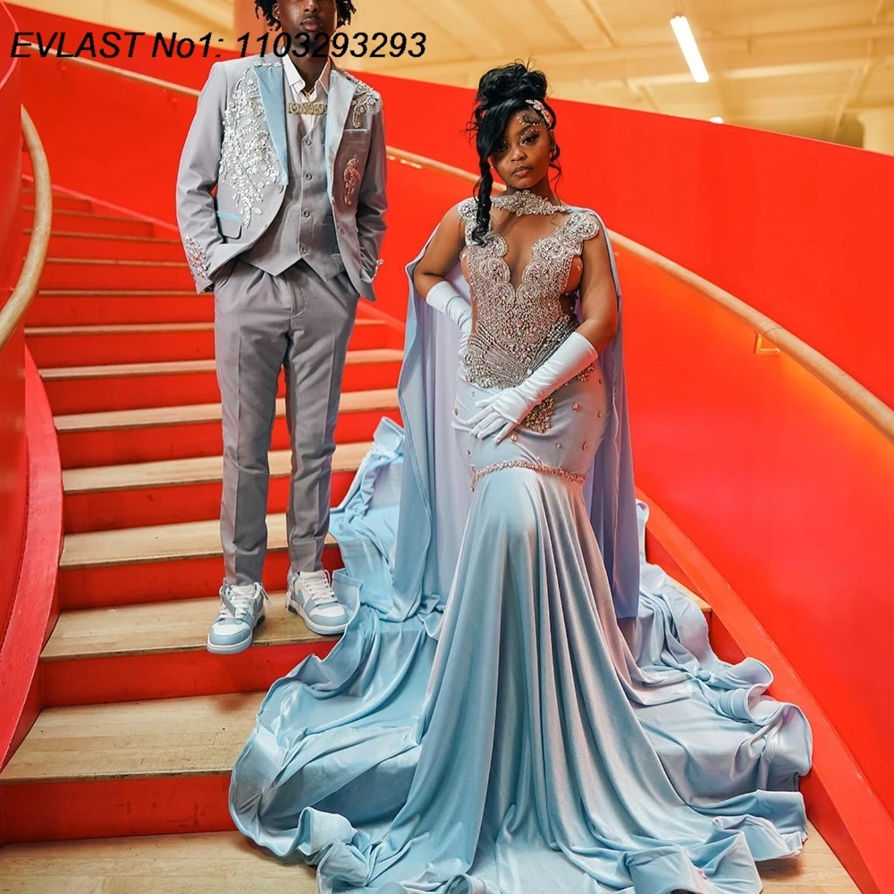 Sky Blue Mermaid Prom Dress Black Girls Silver Diamond Crystal Beaded Cape African Birthday Party Gown EVLAST TPD199