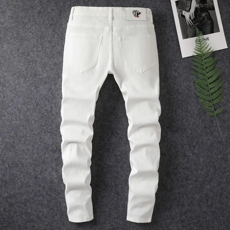 White Elastic Hot Diamond Denim Ripped Patch Skinny Pants Men