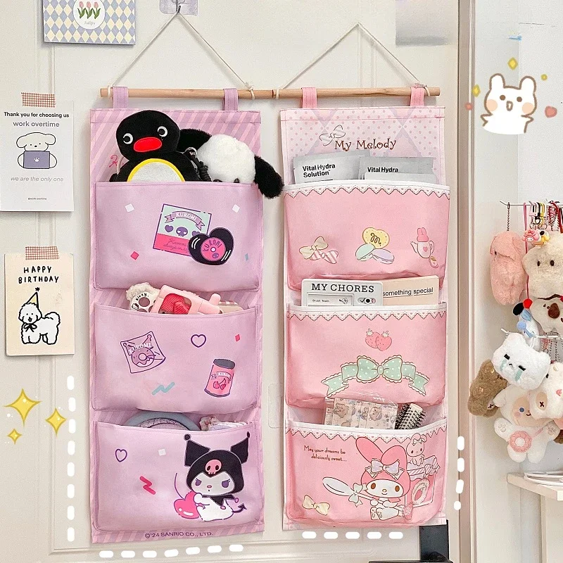 Sanrio Wall Mounted Bag Organizer Cute Pink Kuromi Cinnamoroll My Melody Wall Hanging Fabric Caddy Storage Bag Organizers Pocket 2