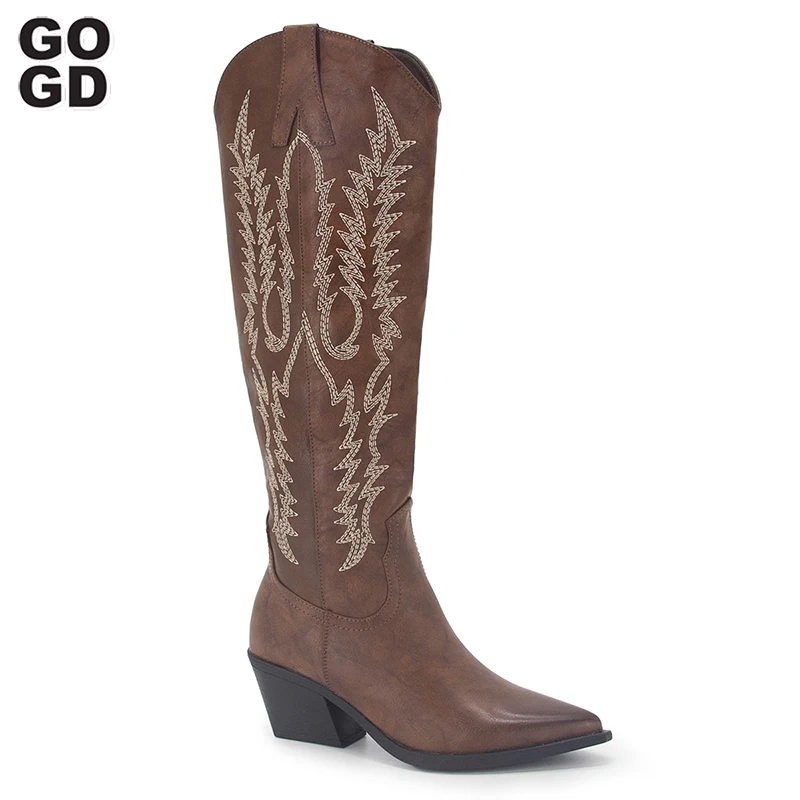 

GOGD New 2024 Fashion Women‘s Embroidered Western Cowboy Cowgirl Boots The Knee Boots Chunky Heels Pointed Toe Long Riding Boots