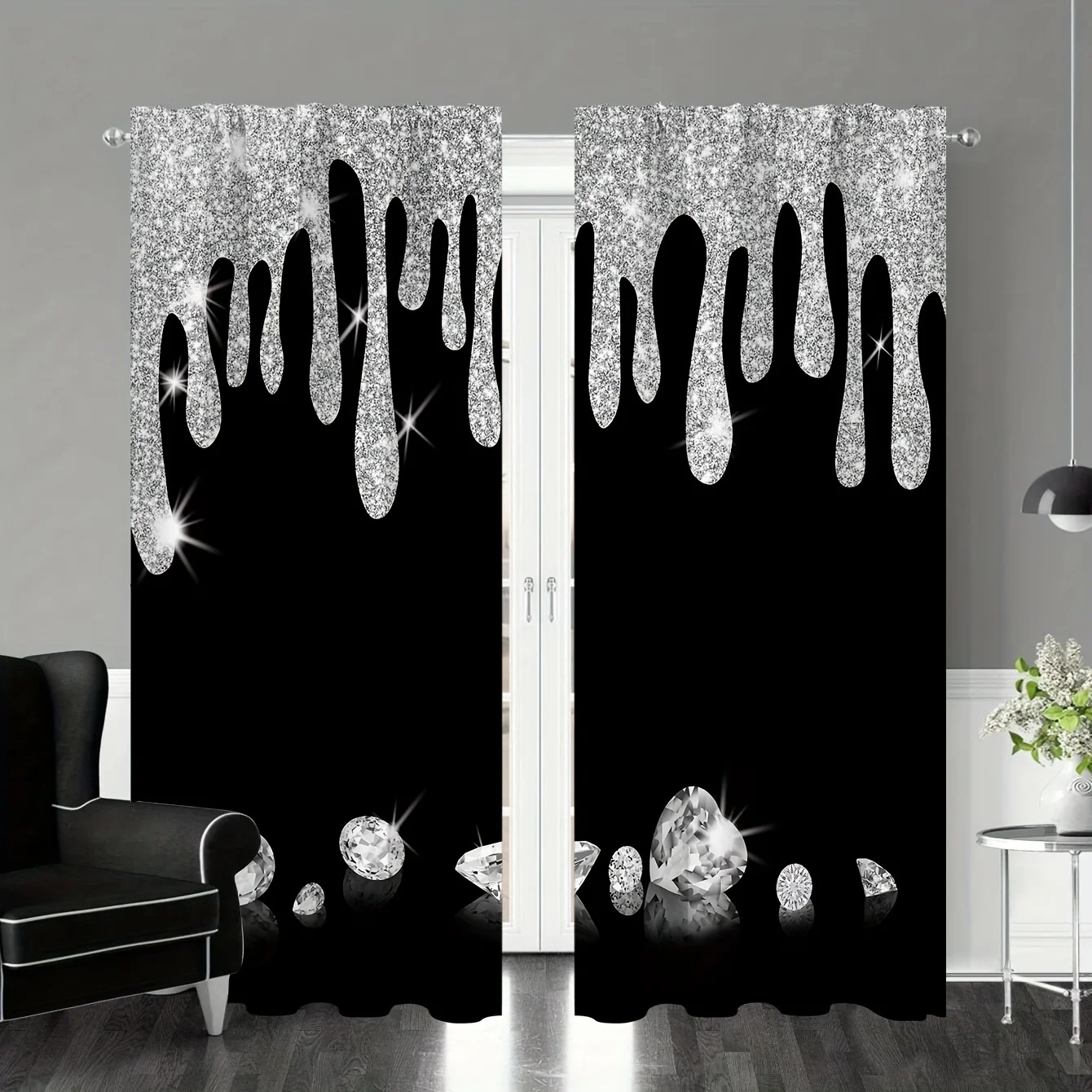 

2pcs Shiny Silvery Water Drops Print Rod Pocket Curtains, Semi Blackout Decorative Curtains For Living Room Bedroom Office Home
