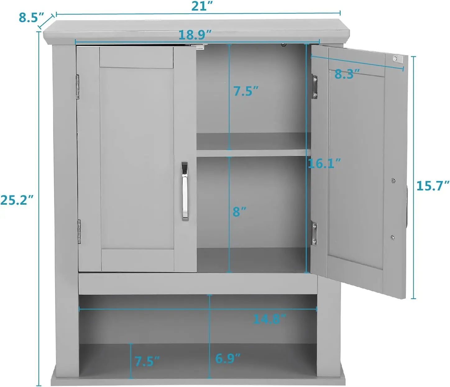 Medecine Cabinet with 2 Doors Bathrooom Wall Cabinet Grey Over The Toilet Storage Towel Cabinet 1 Adjustable Shelf Wooden