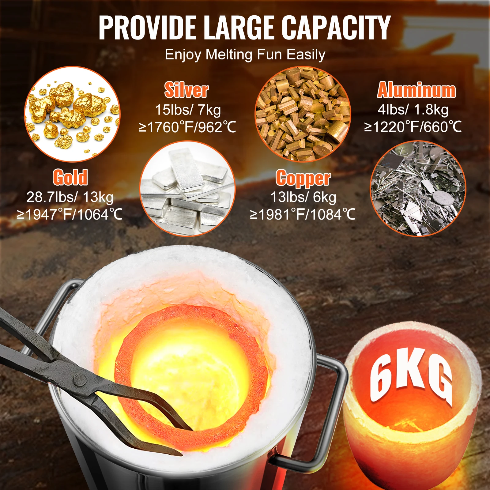 VEVOR 6KG 12KG Metal Melting Furnace Large Capacity Foundry Home Kilns Blacksmithing Forge w/Tongs Stainless Steel electric melting furnace