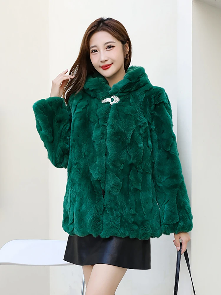 Cappotto Lungo Donna Con Cappuccio In Vera Pelliccia Di Coniglio, Taglia L, Per Feste E Inverno