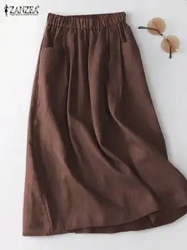 ZANZEA Women Cotton Skirt Holiday Elastic Waist Midi Skirt 2024 Summer Side Pockets Falda Saias Casual Korean Solid A Line Jupe 1