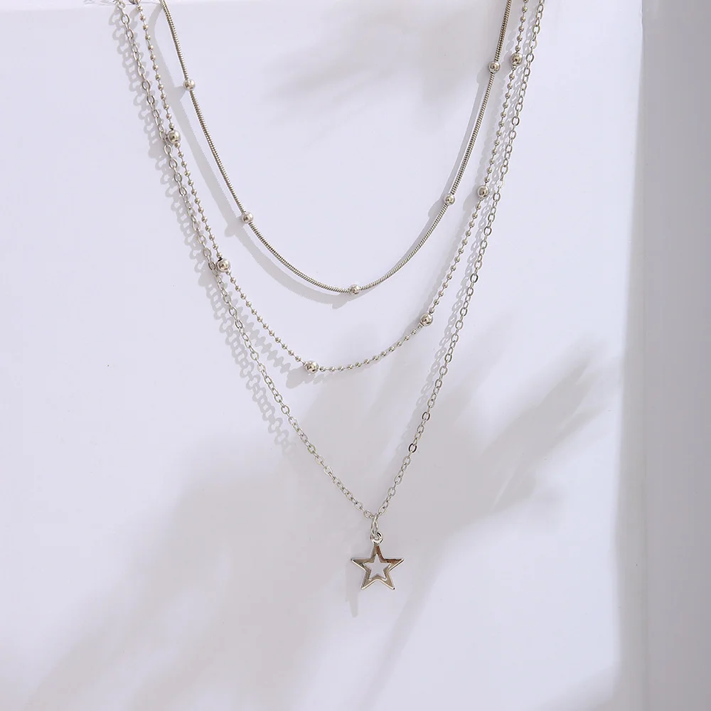 Fashion Gold Color Hollow Star Pendant Necklace Set for Women Simple Vintage Punk Clavicle Chain Necklace 2024 New Gifts Jewelry