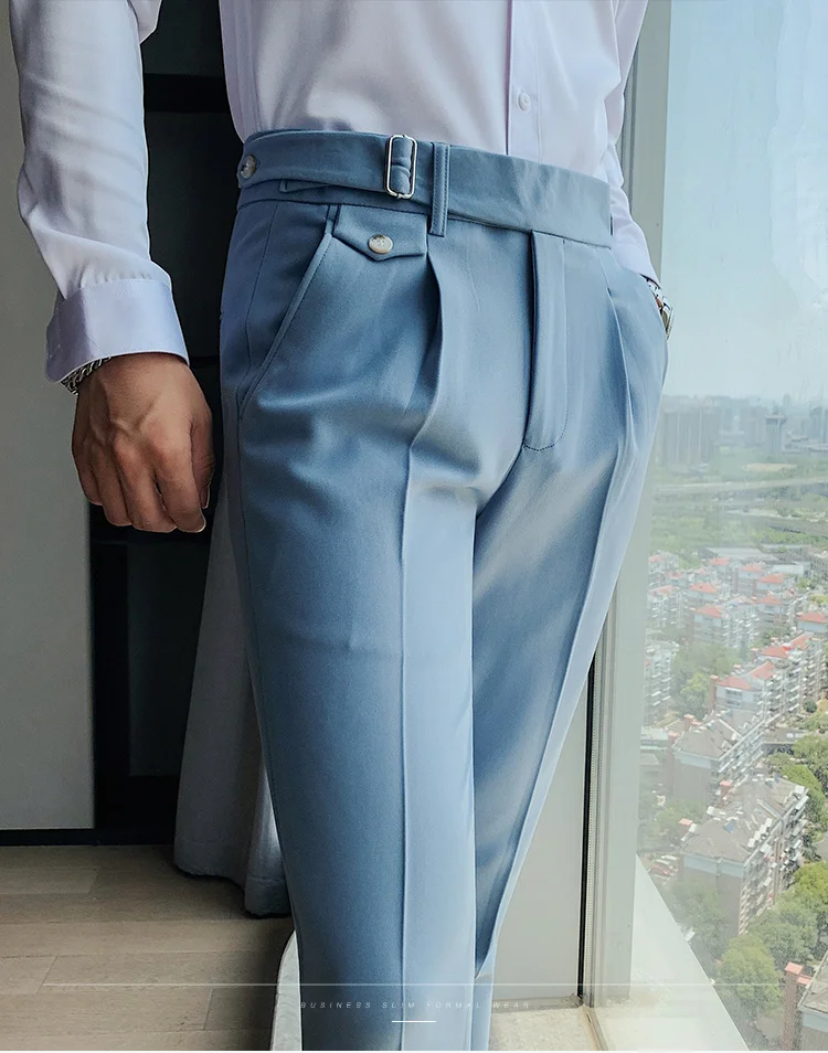 calça masculina abotoada quatro cinturão de bezerro luxuoso casual calça de trabalho para calça reta