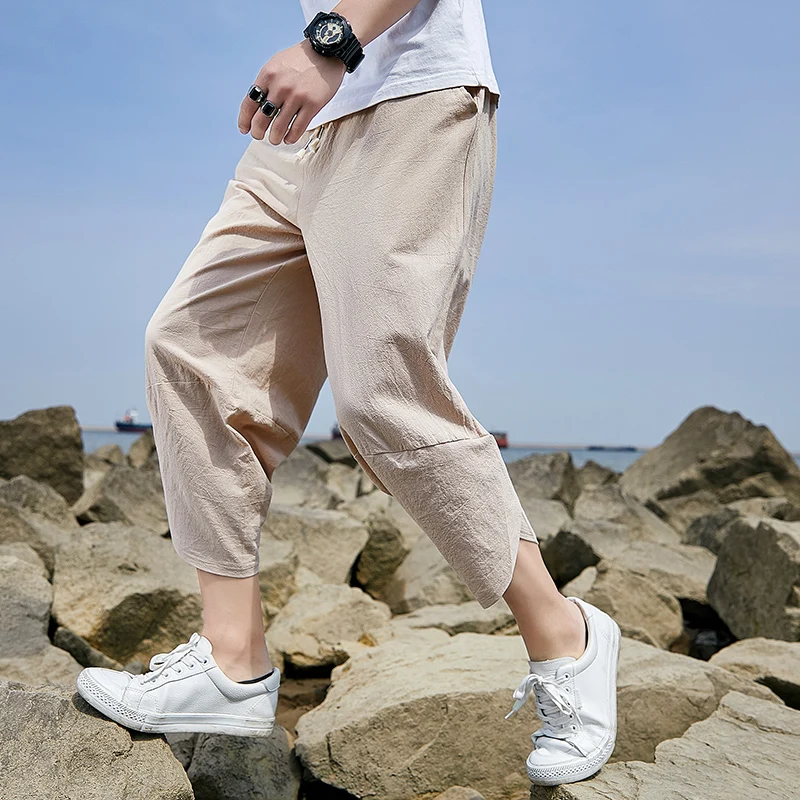 

New Men's 2024 Summer Casual Loose Cropped Pants Outwear Sports Shorts Solid Color Haren Pants Streetwear Elastic Capri Joggers