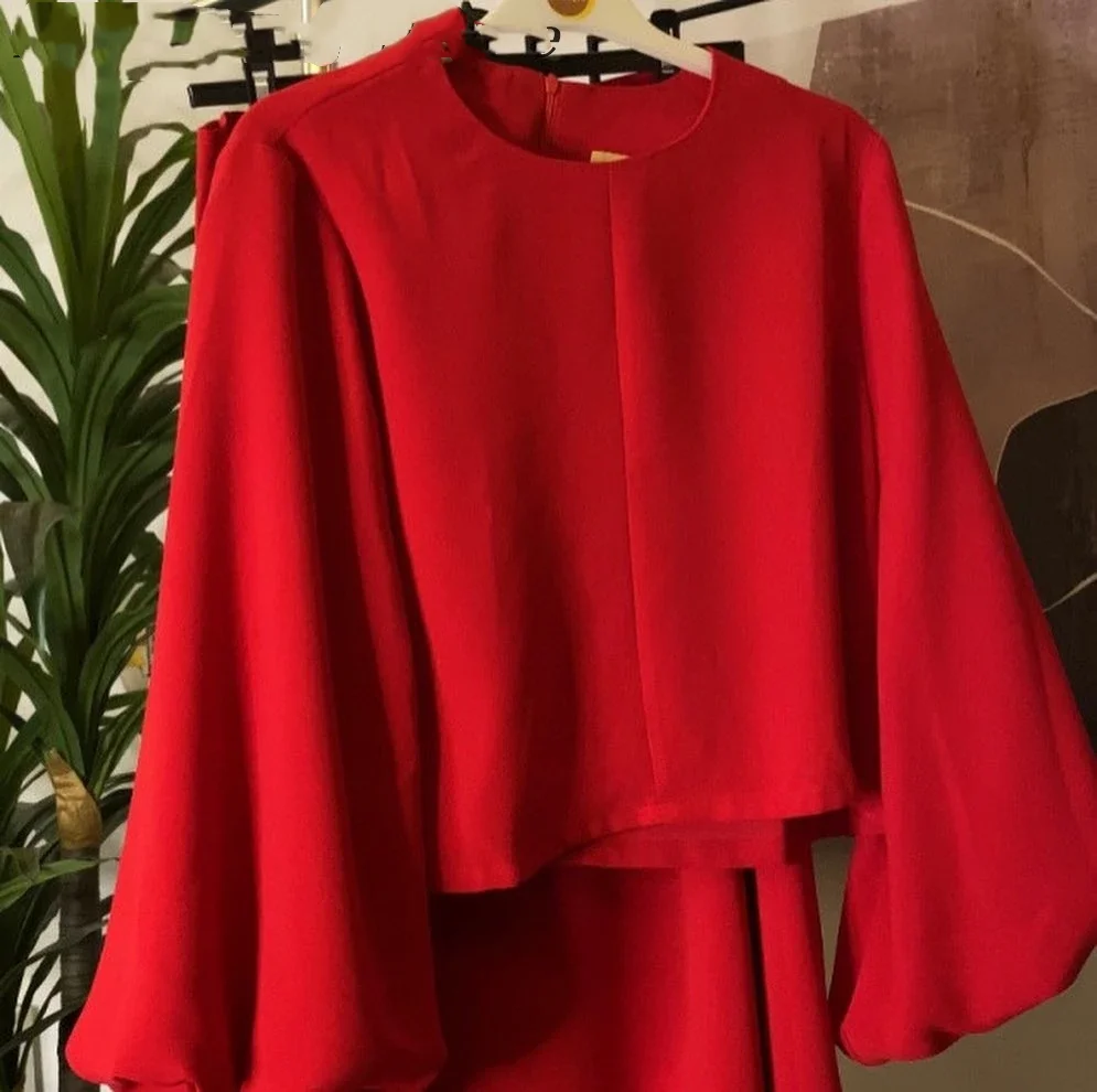 Elegant Two Pieces Red Prom Dresses O-Neck Long Sleeves Evening Gowns Ankle Length Formal Occasion Party Dresses women prom dresses