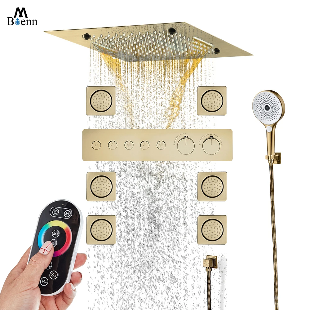 

M Boenn Villa Brushed Gold Thermostatic Shower Faucets Set Embedded 20 Inch Music LED Showerheads Bathroom Shower Body Jet Brass