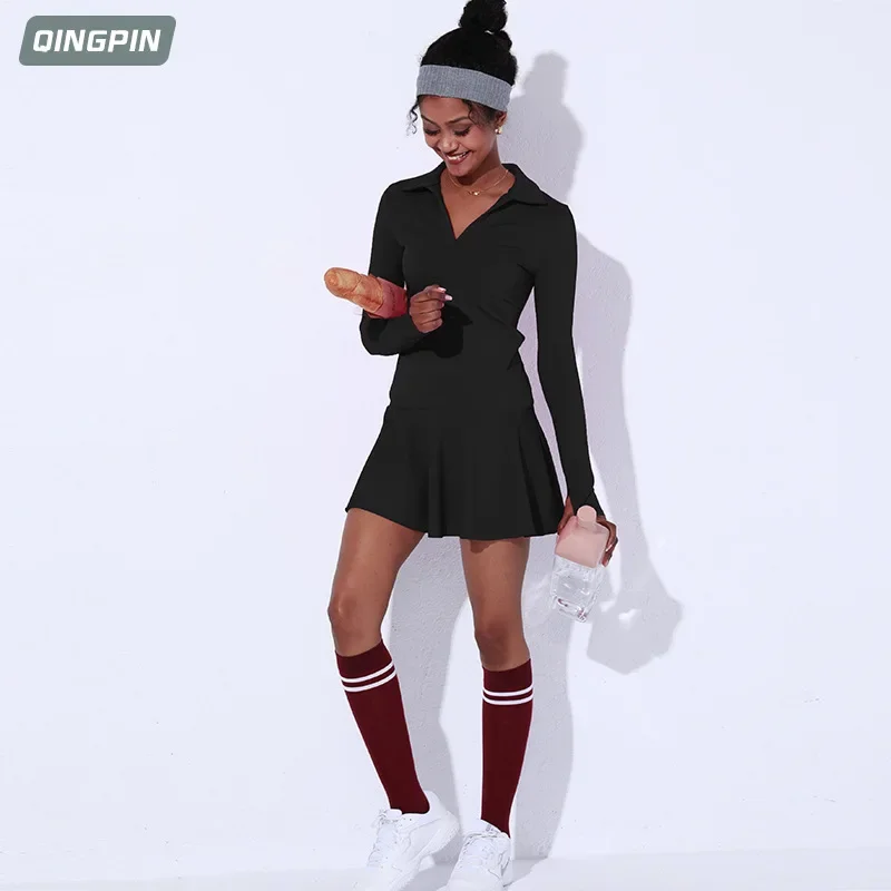 Women's Sports One Piece Tennis Dress Nude Fitness Long Sleeve High Neck Badminton Sports Skirt Tennis Dress Women