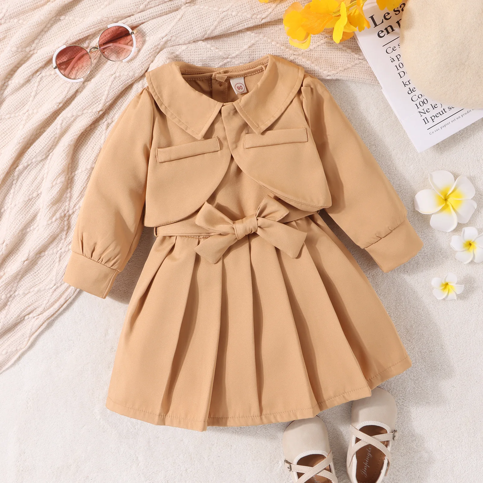 

Kids Clothes Suit Korean Version Of Autumn Solid Color Cardigan Long Sleeved Short Jacket+Pleated Tied Vest Dress Baby Girls Set