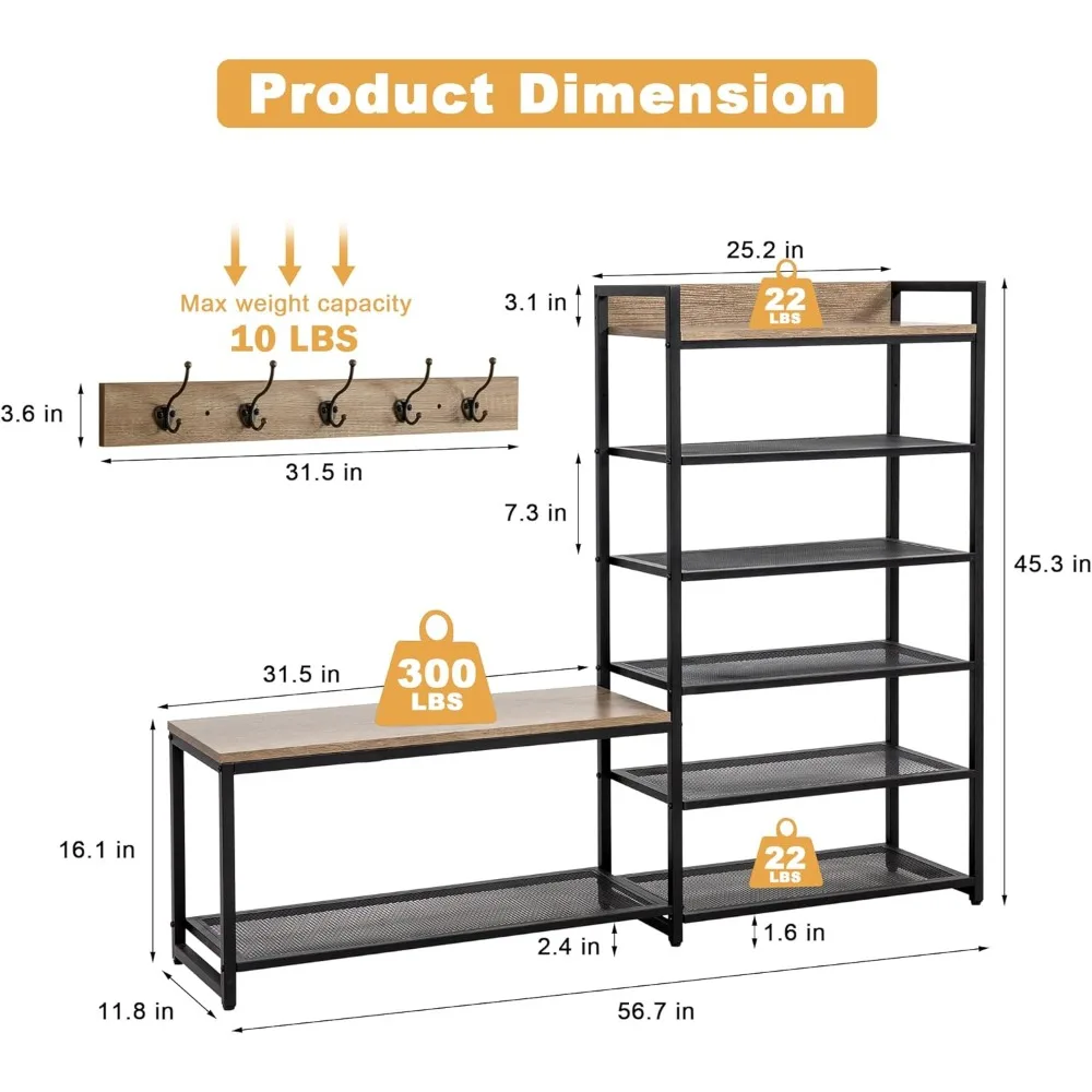 6-tier coat rack shoe bench set, entryway bench with 6 hooks coat rack, hall tree and shoe storage for entryway, hallway, garage