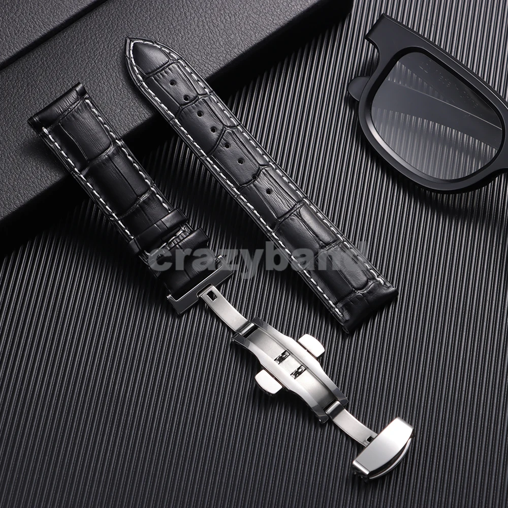 Elegant Genuine Leather Men's Watch Strap with Metal Butterfly Buckle