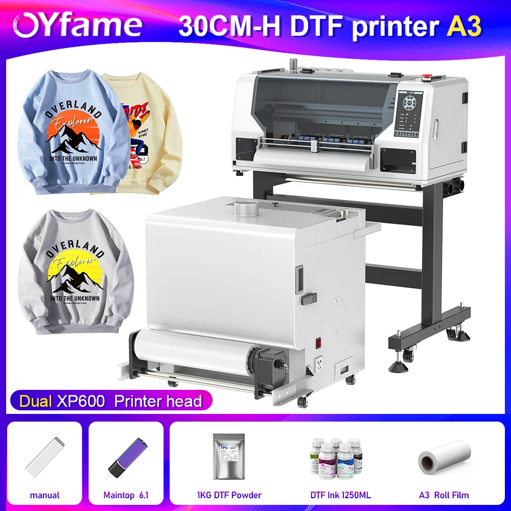 OYfame impresora dtf A3 Epson 듀얼 xp600 dtf 텍스타일 티셔츠 프린팅 기계 A3 티셔츠, 청바지, 후드티 프린터 (오븐 포함)