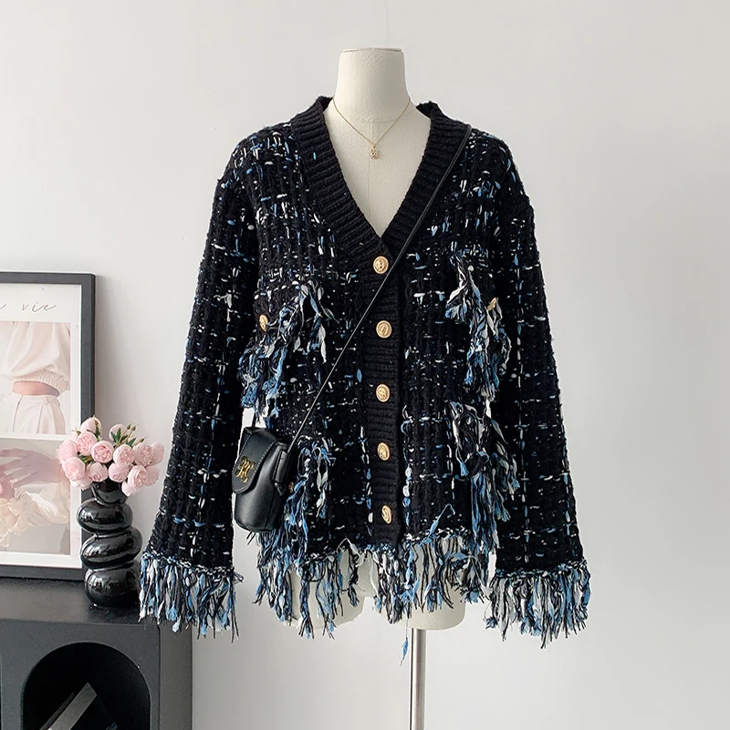 

Runway V-Neck Knitted Elegant Women's Clothes Loose Long-sleeved Sweater Coat Ladies Tassel Fringe Fuzzy Cardigans Outwear