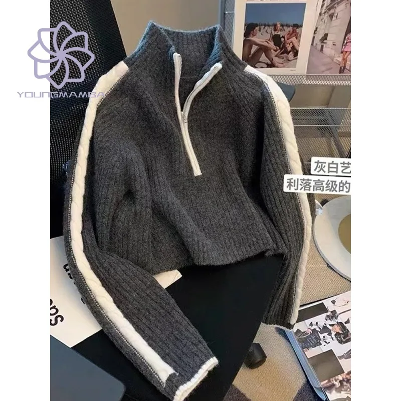 

Korean Fashion Contras Colors Zipper Short Pullover for Women 2023 Spring Autumn Long Sleeve Knitted Sweater