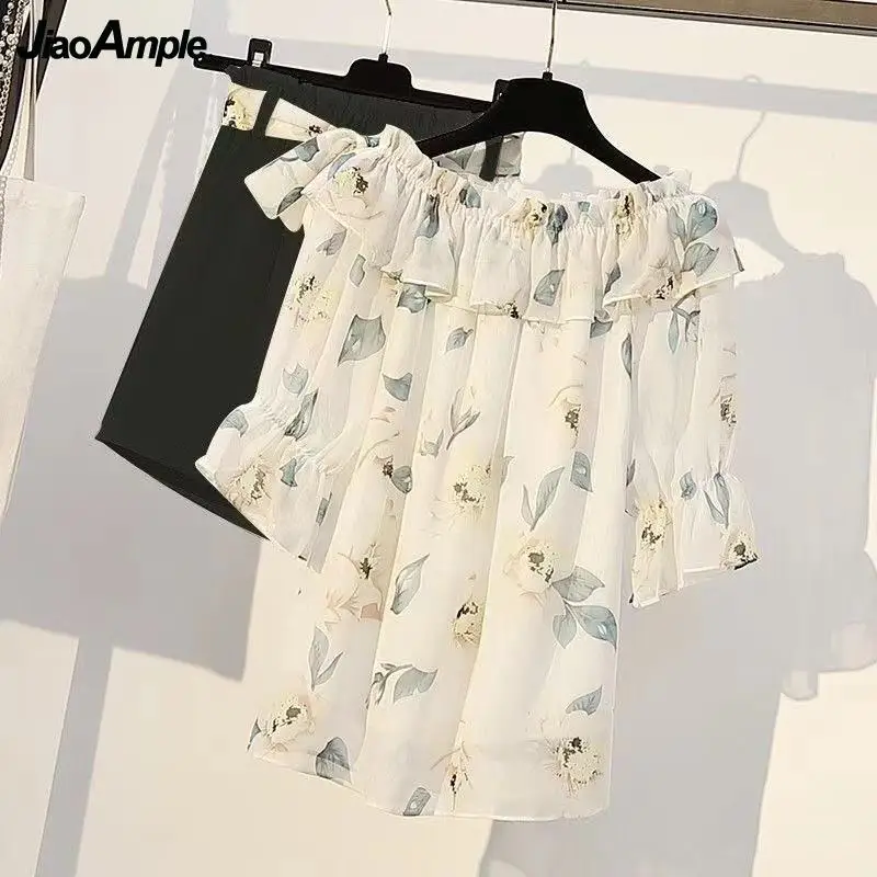 Women's Summer Shorts Suit 2022 New Casual Printed Shirt Top Pants Two Piece Korean Fashion Elegant Short Sleeve Blouse Set