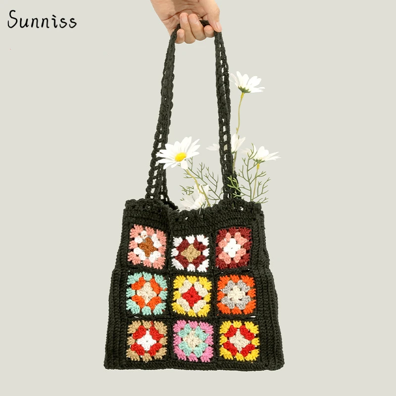

Boho Woven Tote Handmade Knitting Weaving Shoulder Bags Beach Handbag Ethnic Style Woven Casual Lady Handbags Summer Beach Bags