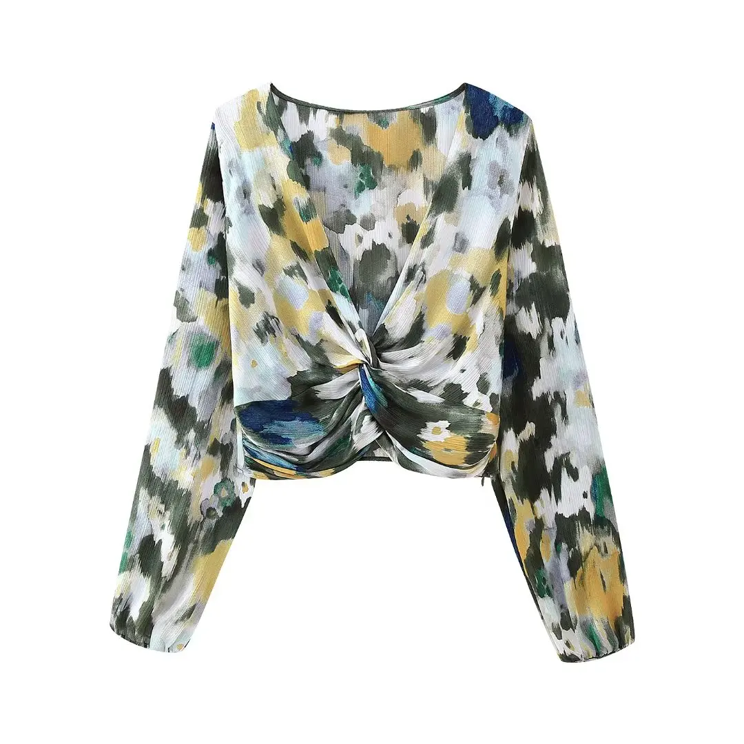 

Women 2023 New Fashion Pleated decoration Tie dyeing Print Slim Blouses Vintage V Neck Long Sleeve Female Shirts Chic Tops