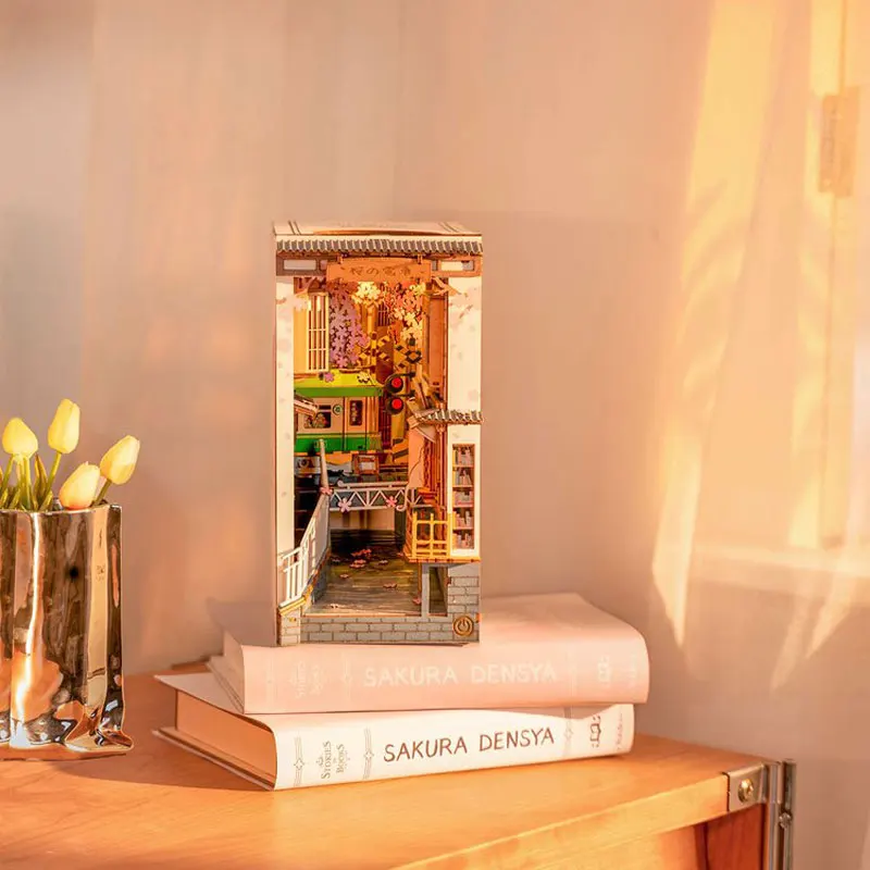 Robotime Rolife Book Nook DIY Dollhouse Furniture 4 Kinds Booknook Bookends Model Kit with LED Light for Bookshelf Insert Decor 2