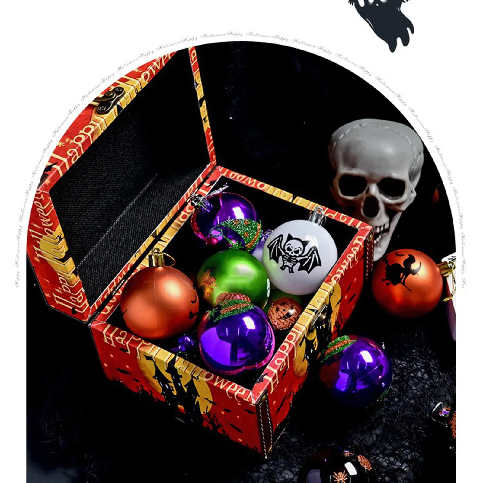 Description Picture 5 of itemHalloween Painted Electroplated Spooky Balls 6cm 16pcs Dark Skeleton Pumpkin Ball Decoration Set Tree Hanging Party Decor
