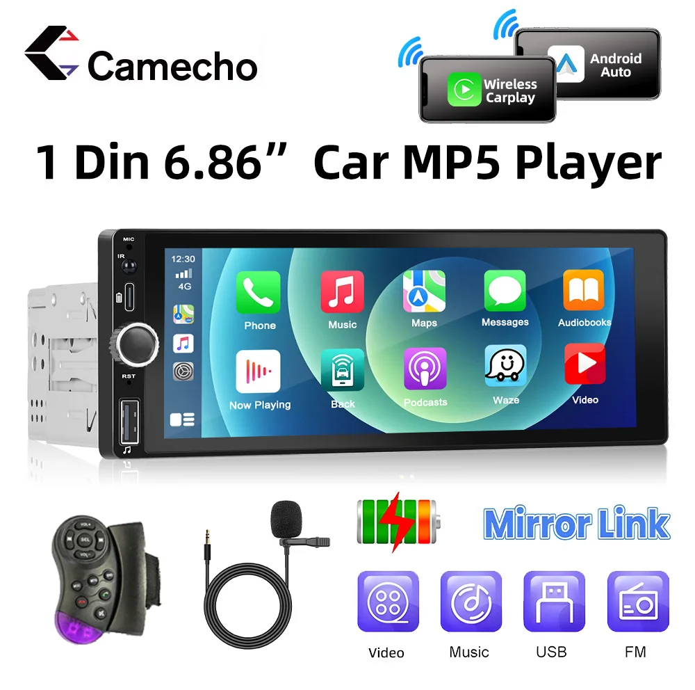 Camecho 차량용 멀티미디어 플레이어, 6.86 인치 터치 스크린 카플레이, 안드로이드 자동 비디오 스테레오 리시버, 범용 1Din 자동 라디오