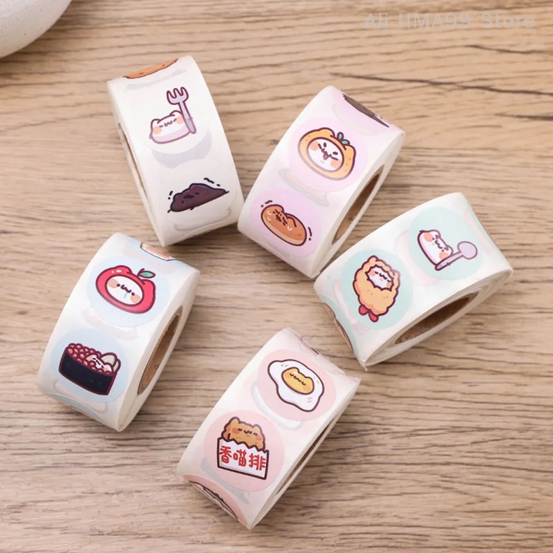 500Pcs/Roll 2.5cm/1inch Circular Cute Cartoon Sushi Pattern Decorative Sticker Baked Dessert Lunch Box Label Decor Sticker