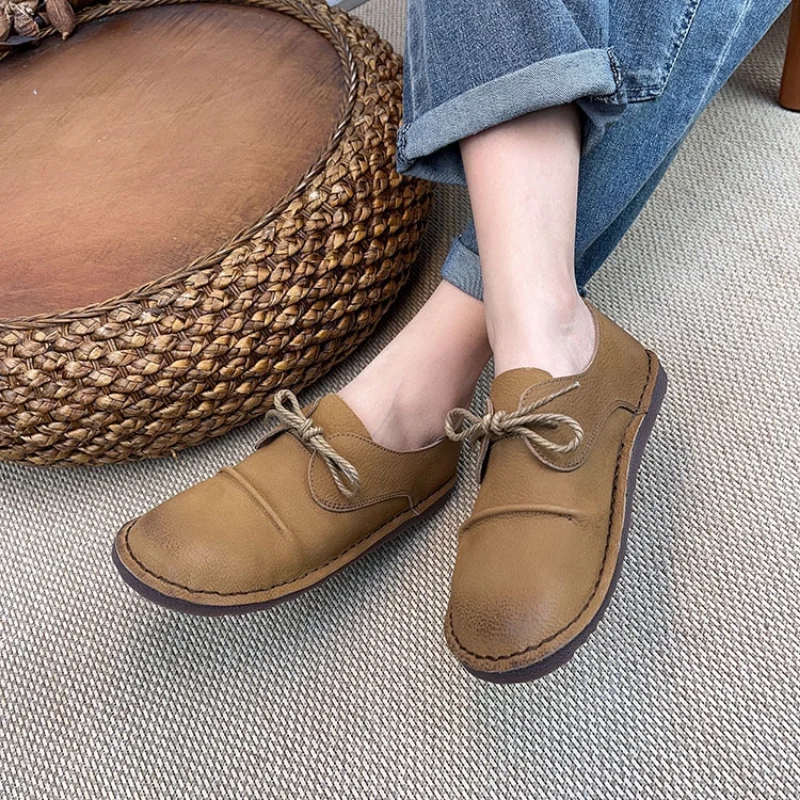 

Женские кожаные туфли на низком каблуке, повседневные туфли ручной работы из натуральной кожи, на шнуровке, цвета хаки, весна 2023