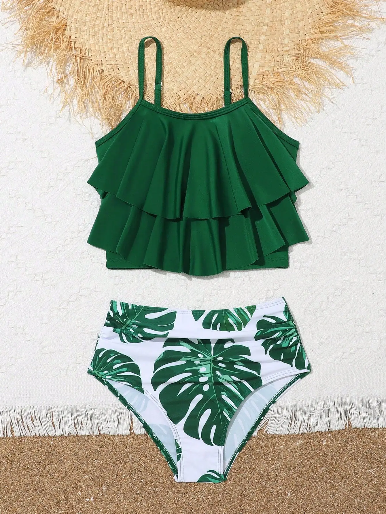7-12 Anni Stampa Foglia Ragazze Bambini Costume Da Bagno Volant Estate Spiaggia Bambini Costumi Da Bagno Vita Alta Biquini Adolescenti Costume Da Bagn