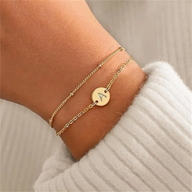 Gold Bracelets for Women Trendy 18K Gold Plated Letter Initial Bracelet Dainty Disc Monogram Charm Initial Bracelet Gold Initi 1