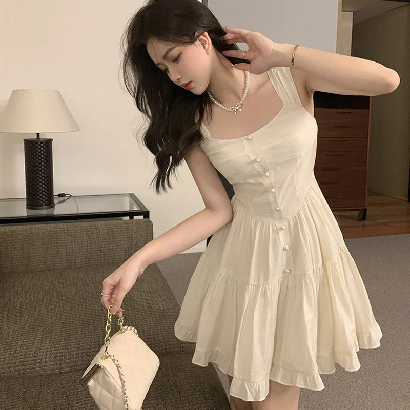 Summer Aesthetic White Sweet Dress Women Korean Vintage Slip Princess Slim Waist Dresses Elegant Ruffle High Waist Skirt 3