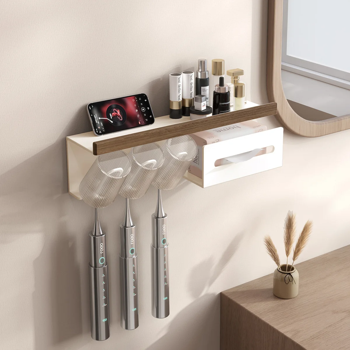 Cream Walnut Bathroom Shelf Toothbrush Tooth Cup Holder Wall Mounted Toothbrush Holder Multifunctional Paper Towel