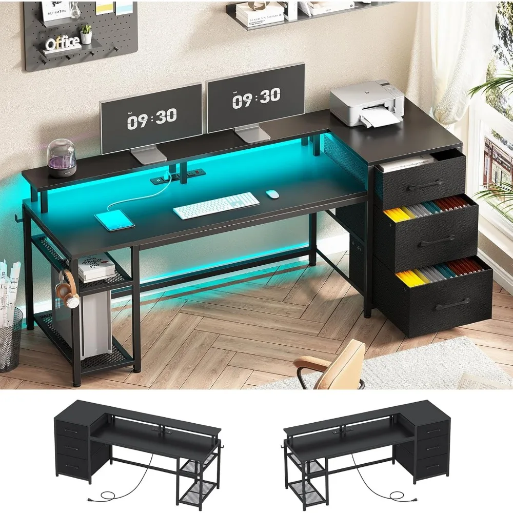 59" Office Desk, Reversible, Drawers & Storage, Gaming Desk with LED Lights & Power Outlet 3