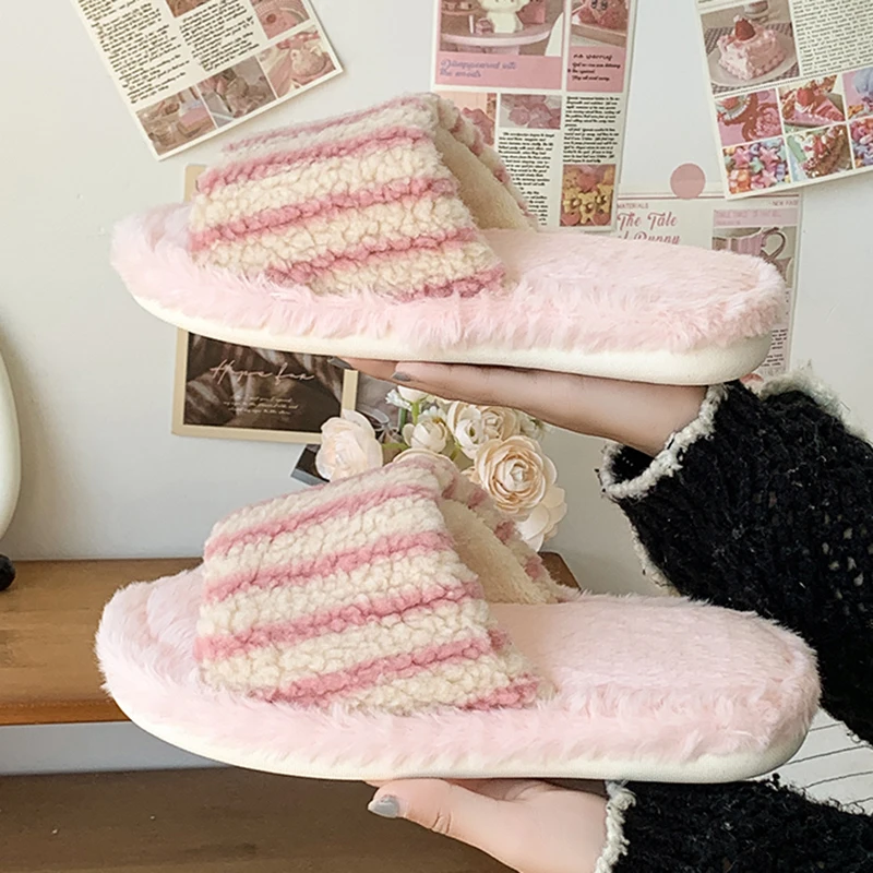 Korean Striped Fluffy Slippers Women 2025 Indoor Non Slip Open Toe Home Slides Woman Comfy Soft Sole Warm Cotton Slippers Female