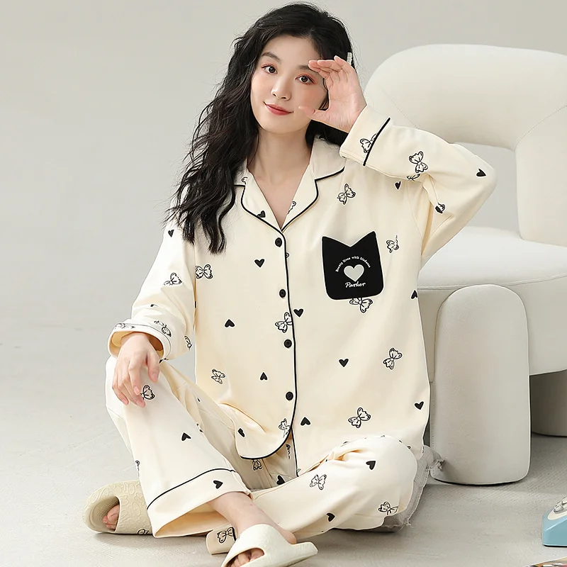 Women Winter Sweet Loose Coral Fleece Pajamas Thickened Warm Flannel Cartoon Print Long Sleeve Lapel Cardigan Home Wear Set