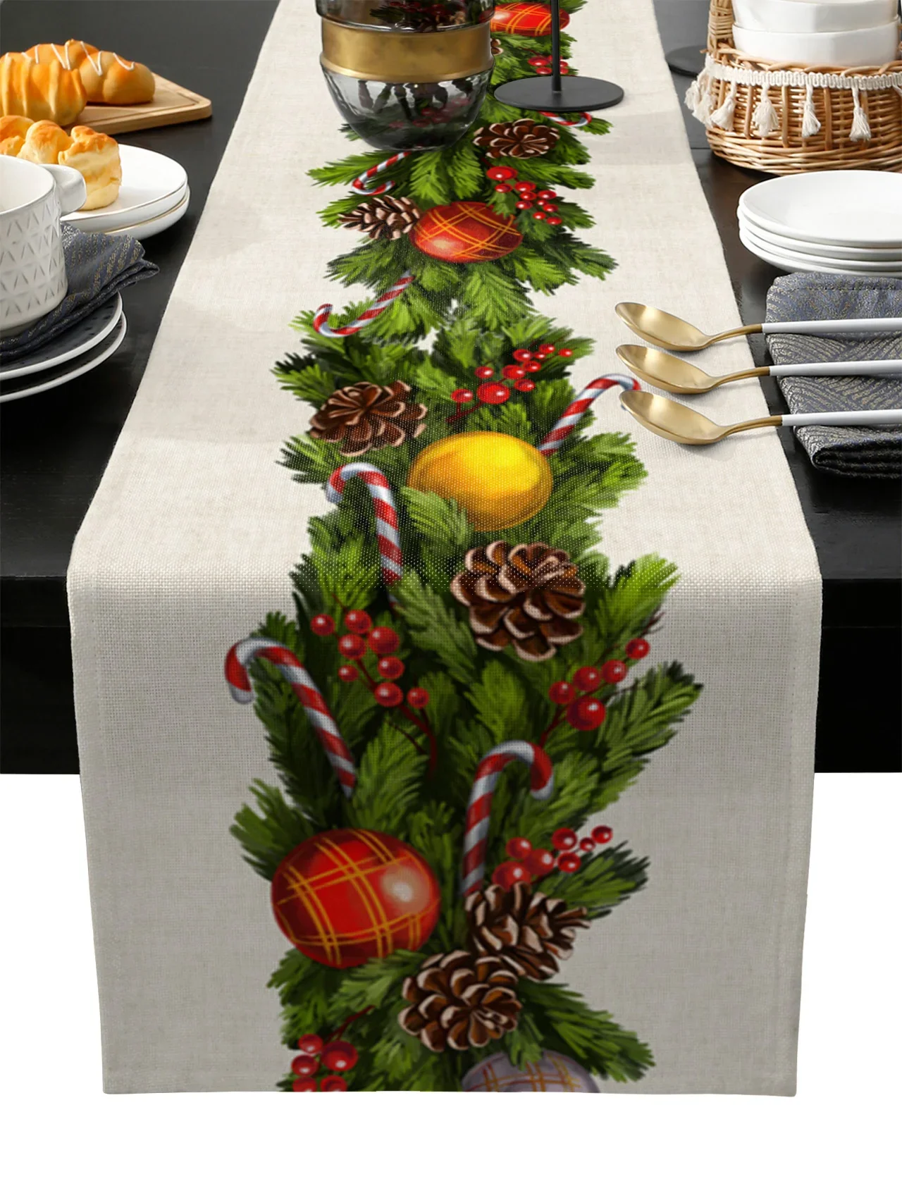 

Christmas Ball Berries Pine Cones Table Runner Wedding Decoration Kitchen Dining Table Cover Home Party Table Decoration