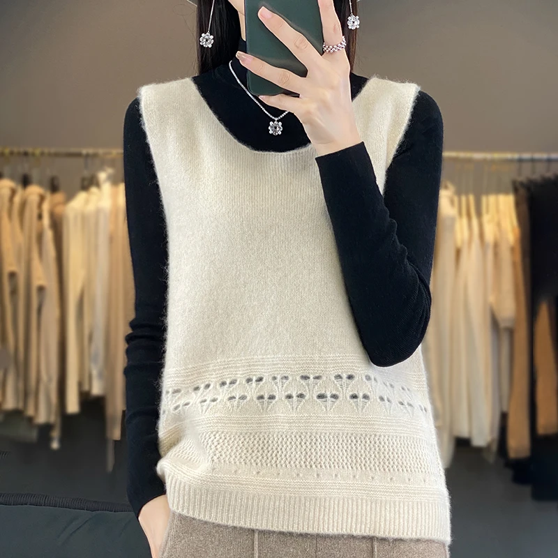 

Women's Merino Wool Tank Top, Sleeveless Sweater, Round Neck Pullover, Loose Hollow Out Vest, Fashion, Autumn, Winter, New, 100%