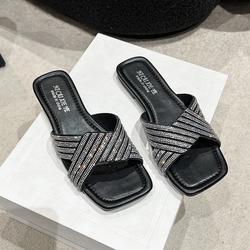 

Plus Size 44 Cross Strap Rhinestone Women Slippers Sandals Shoes Antiskid Flat Sole Slippers Woman Sandals Slides Beach Shoes