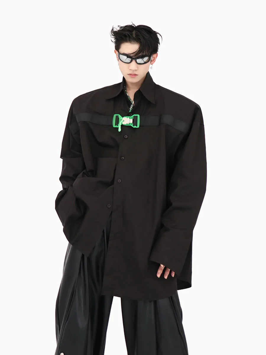 

Men's Loose Shirt Casual With Green Lock Button Design Streetwear High-Grade Black Oversized Vintage Men's Fashion Clothing